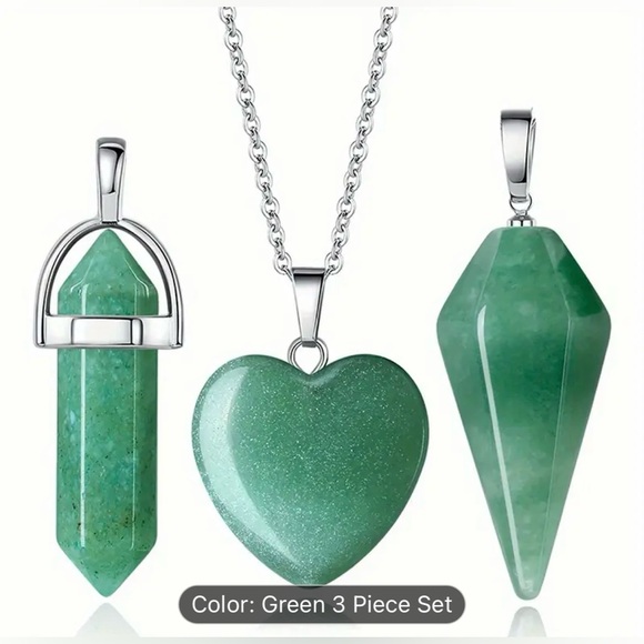 Set of 3 piece natural crystal green agate silver necklace - Picture 1 of 1